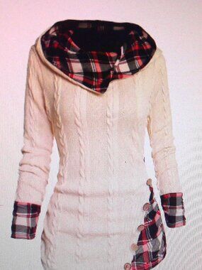 NWT DRESSFO Winter Cable Knit Plaid Print Hooded Sweater Shawl Neck Buttons S